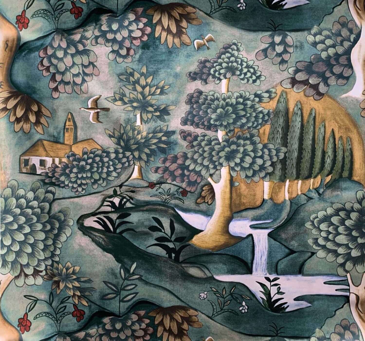 Artistic painting portraying a woodland with soaring birds, winding river, and a central residence.