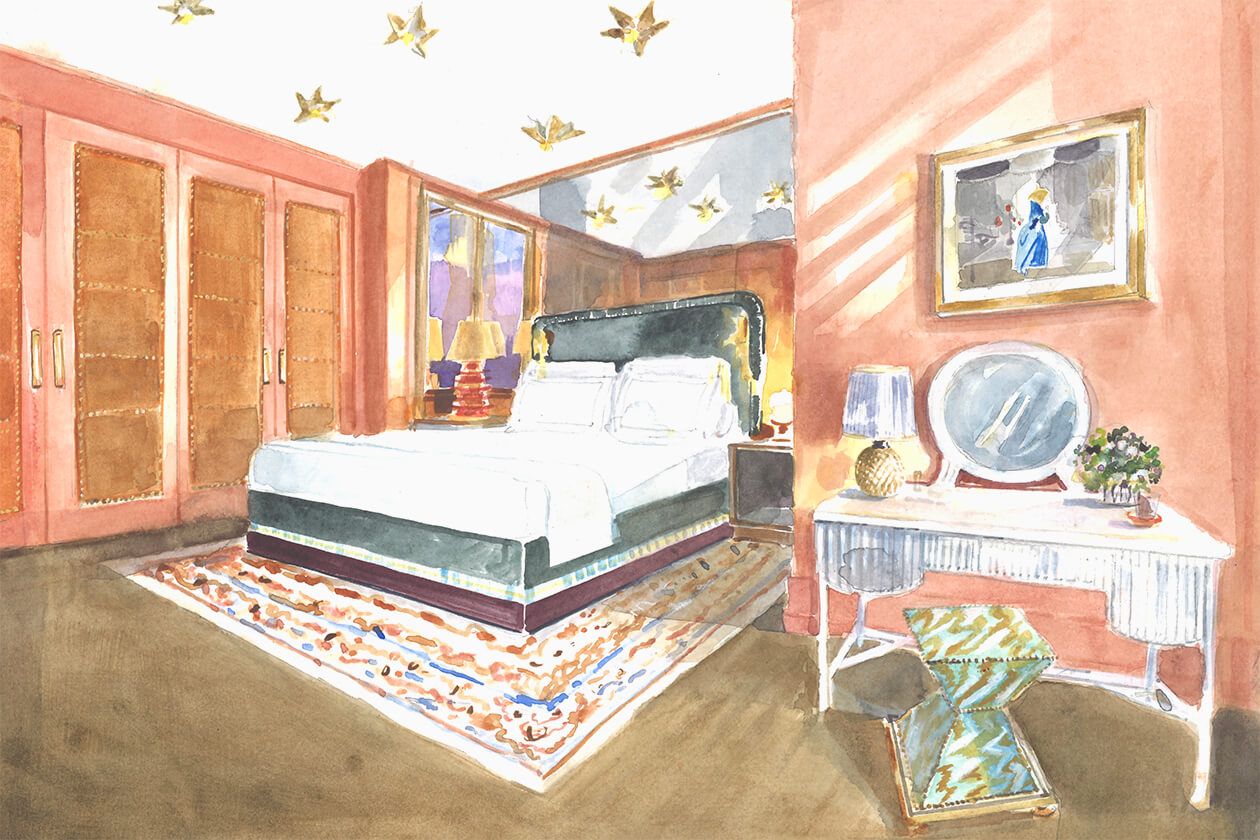 Artisanal painting portraying a bedroom with a bed, table with mirror on right, portrait above table.