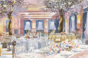 Artisanal creation depicting a bustling dining area adorned with numerous tables and chairs.