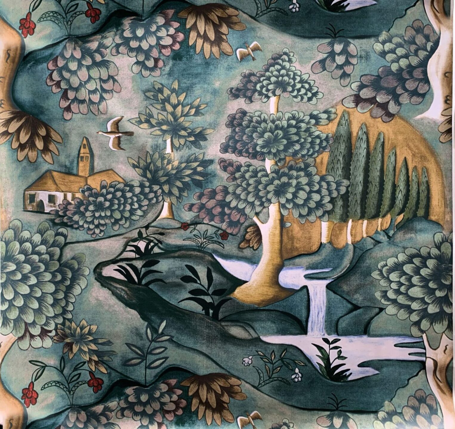Hand-painted artwork depicting a forest with flying birds, meandering river, and a central house.