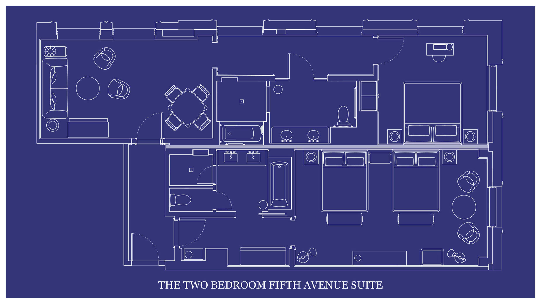 The architectural layout of "THE TWO BEDROOM FIFTH AVENUE SUITE" is depicted on a blueprint map.