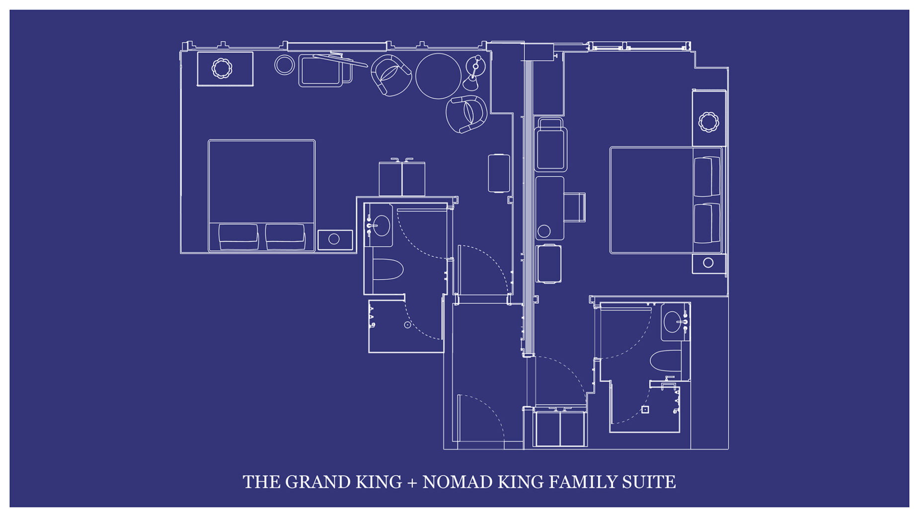 The architectural layout of "THE GRAND KING + NOMAD KING FAMILY SUITE" is depicted on a blueprint map.