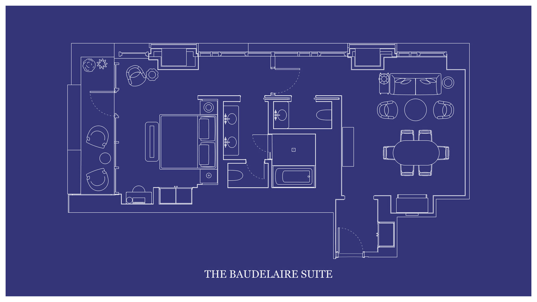The architectural layout of "THE BAUDELAIRE SUITE" is depicted on a blueprint map.