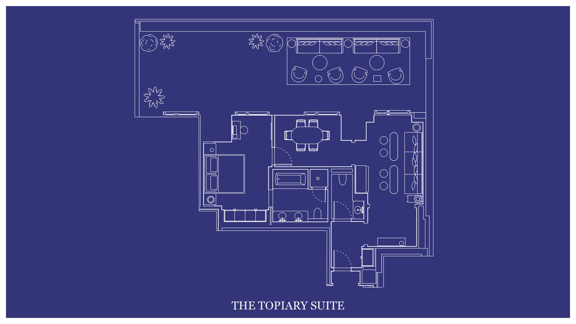 The architectural layout of "THE TOPIARY SUITE" is depicted on a blueprint map.