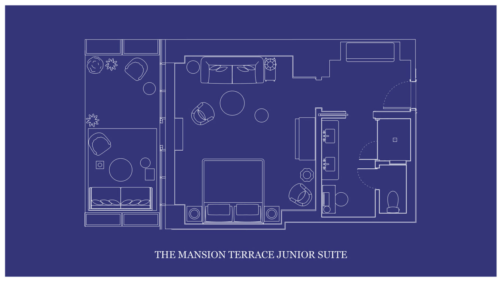 The architectural layout of "THE MANSION TERRACE JUNIOR SUITE" is depicted on a blueprint map.
