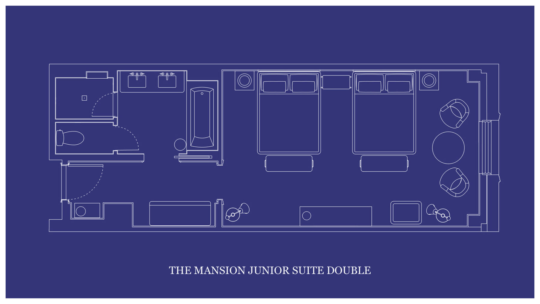 The architectural layout of "THE MANSION JUNIOR SUITE DOUBLE" is depicted on a blueprint map.