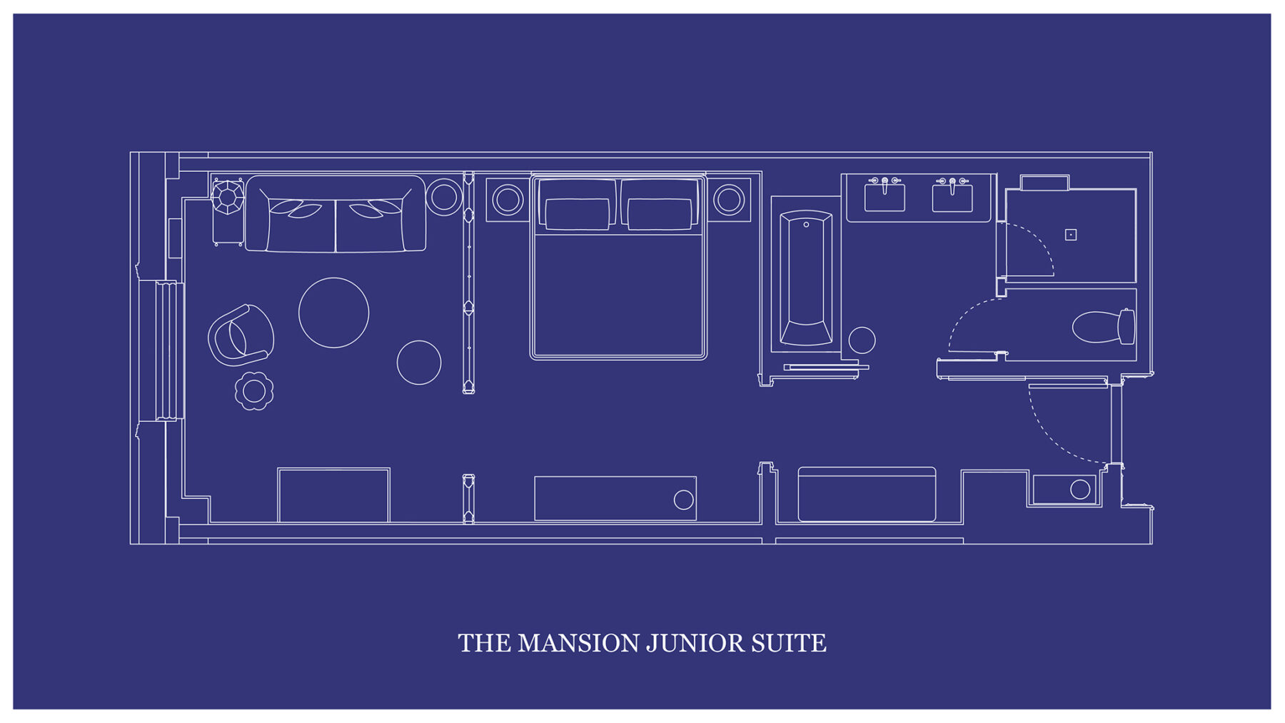 The architectural layout of "THE MANSION JUNIOR SUITE" is depicted on a blueprint map.