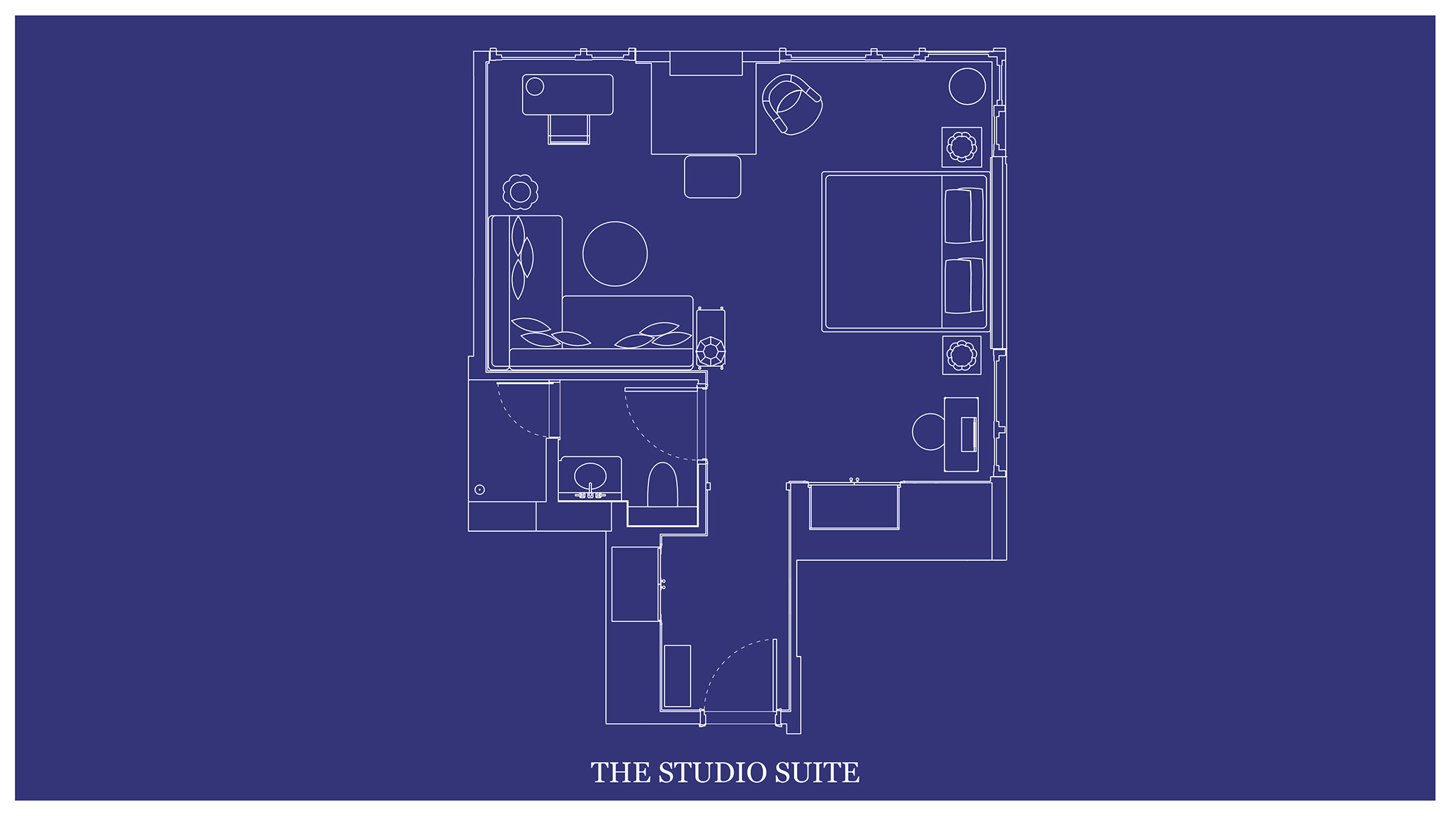 The architectural layout of "THE STUDIO SUITE" is depicted on a blueprint map.