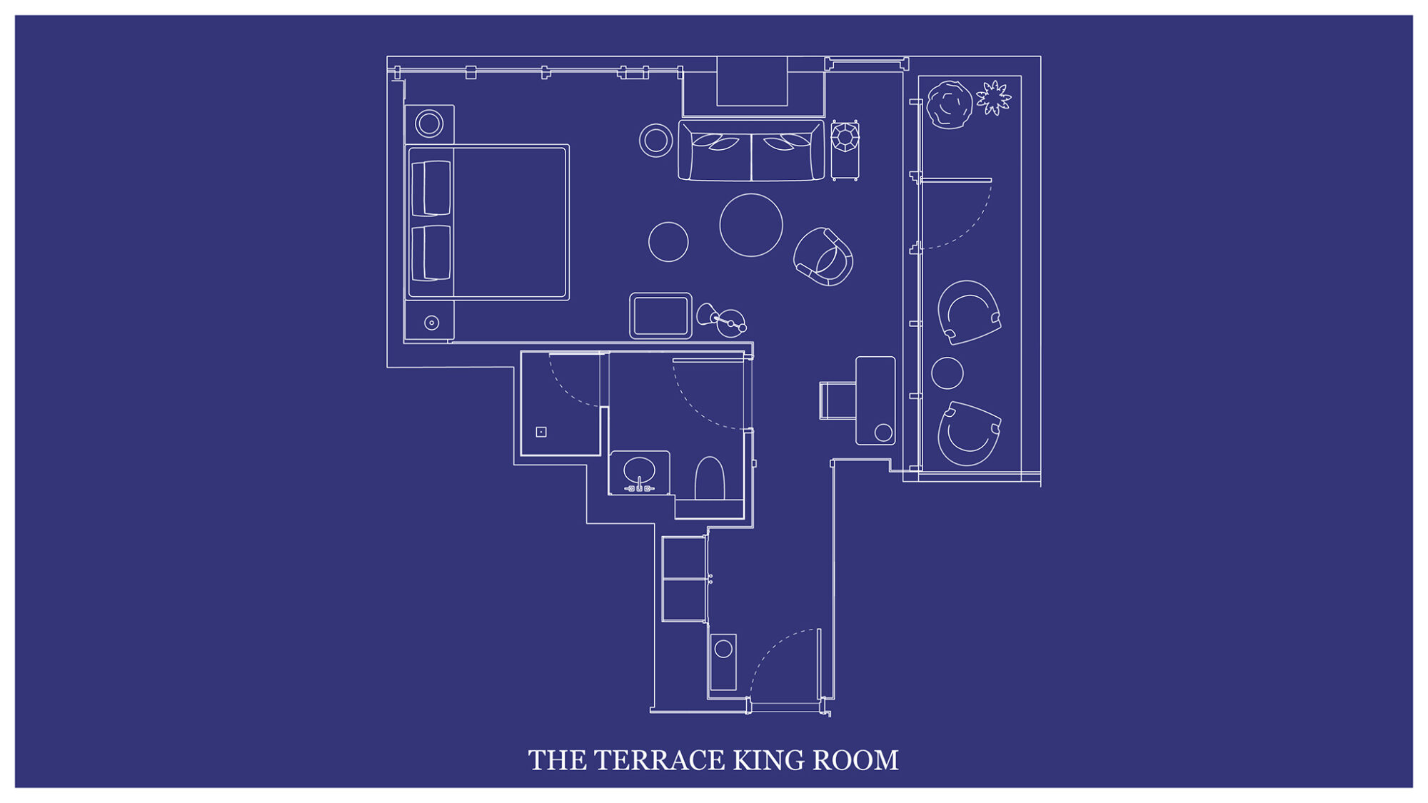 The architectural layout of "THE TERRACE KING ROOM" is depicted on a blueprint map.