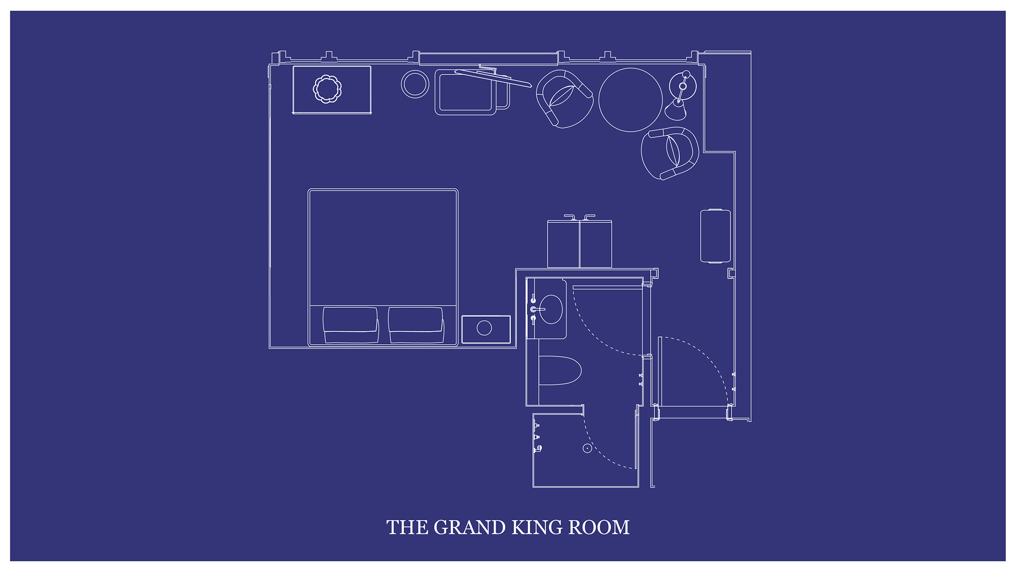 The architectural layout of "THE GRAND KING ROOM" is depicted on a blueprint map.