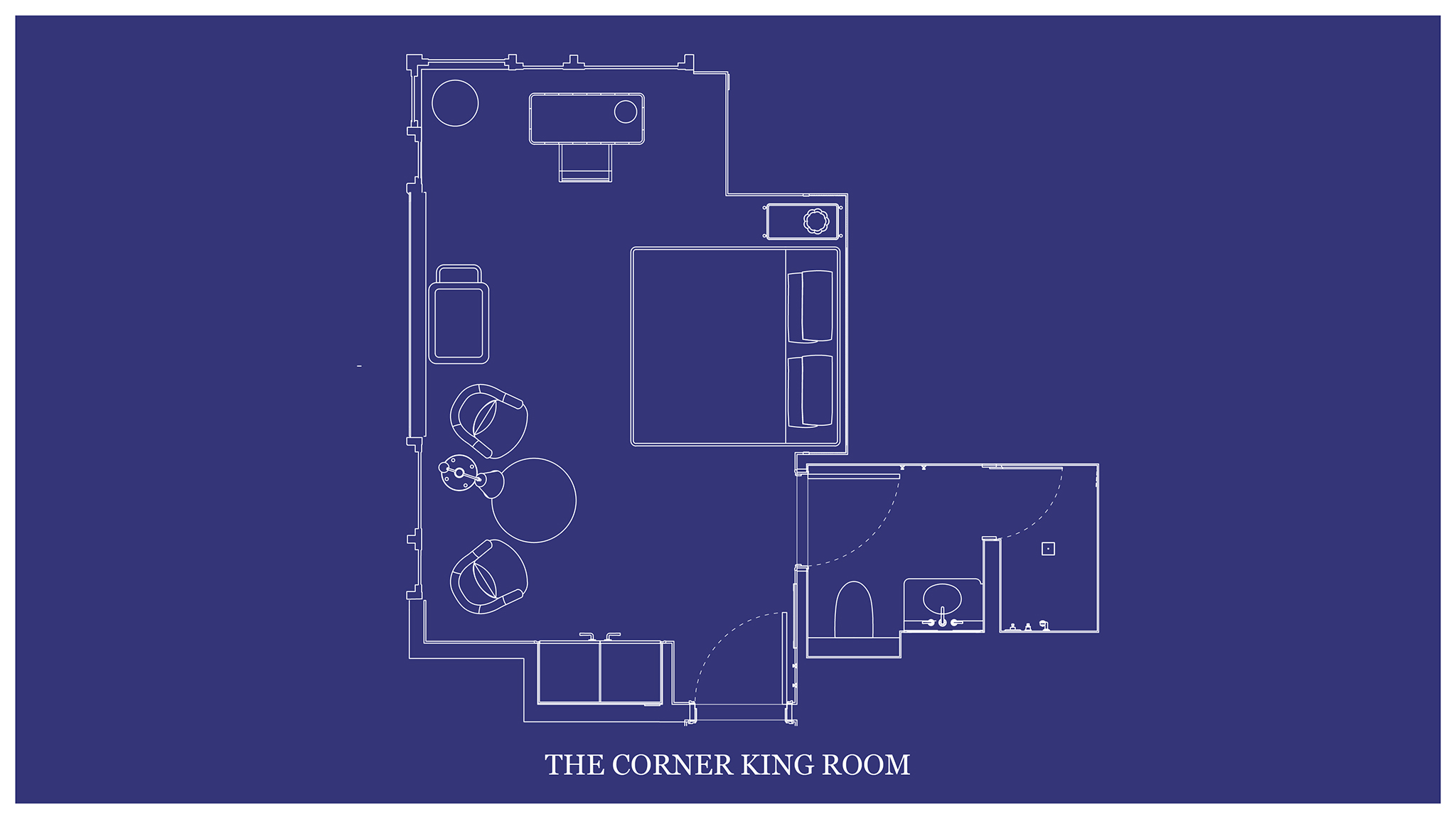 The architectural layout of "THE CORNER KING ROOM" is depicted on a blueprint map.
