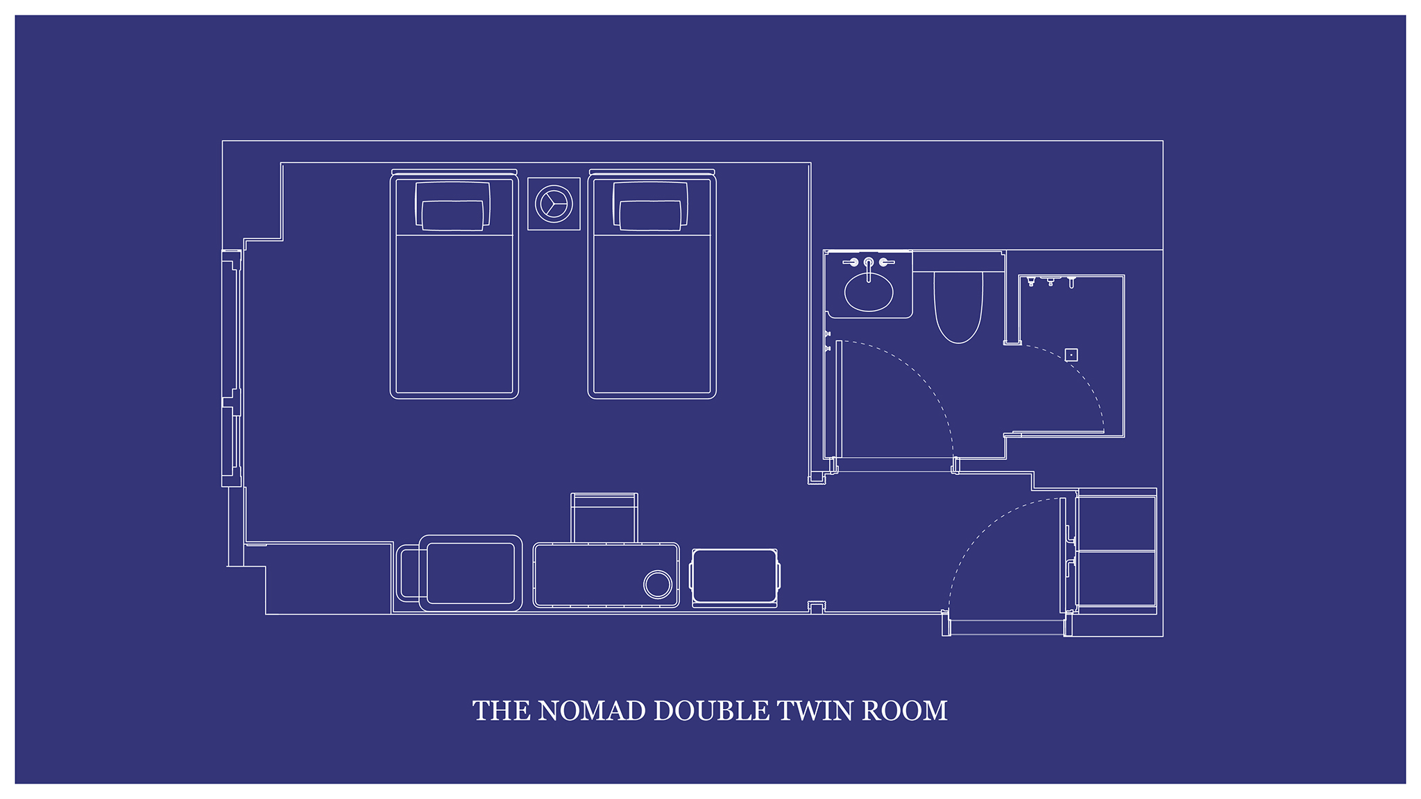 The architectural layout of "THE NOMAD DOUBLE TWIN ROOM" is depicted on a blueprint map.