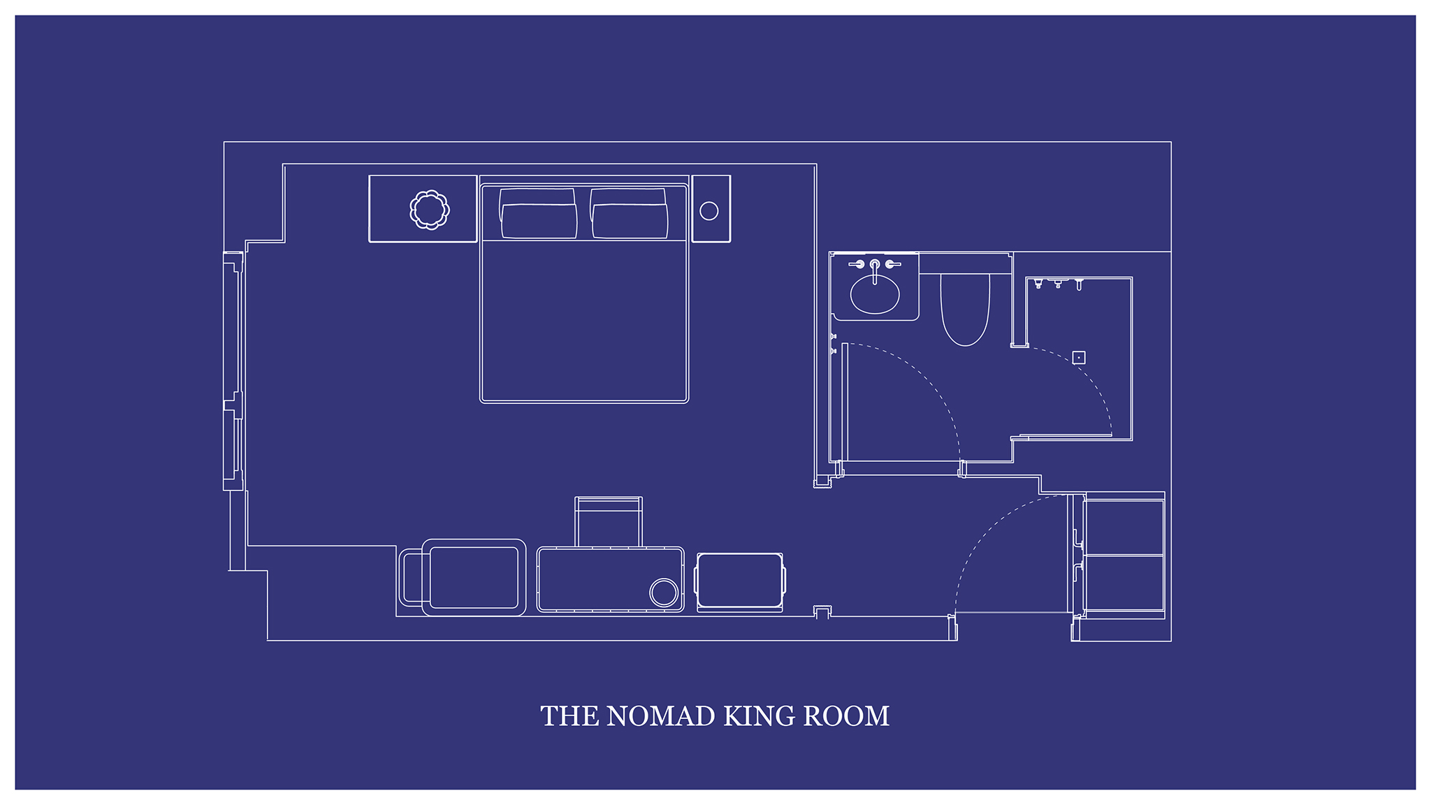 The architectural layout of "THE NOMAD KING ROOM" is depicted on a blueprint map.