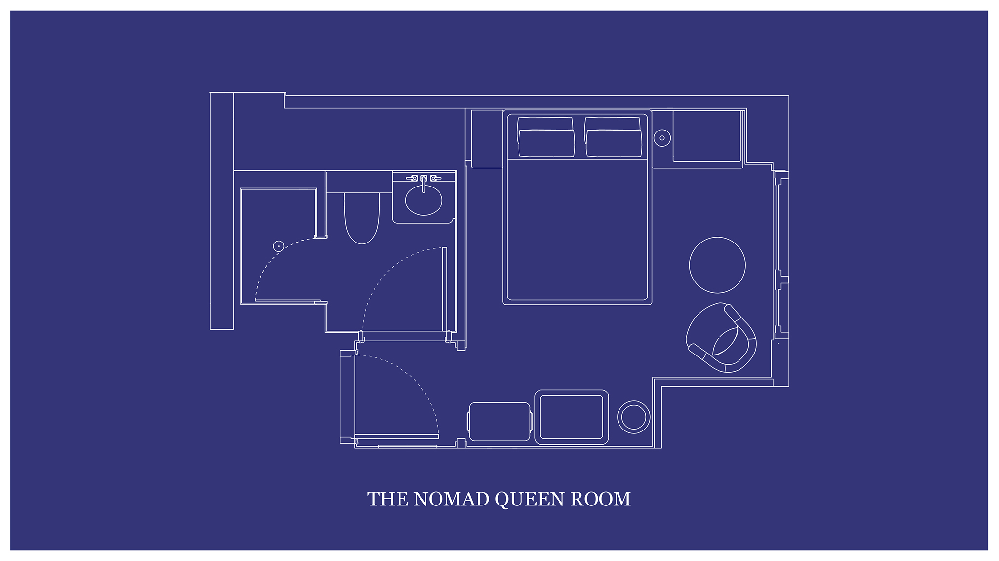 The architectural layout of "THE NOMAD QUEEN ROOM" is depicted on a blueprint map.