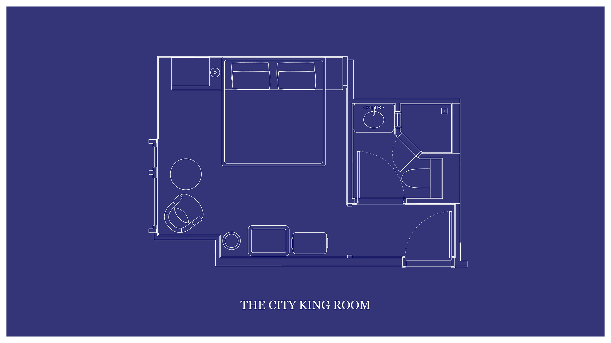 Architectural layout map of "THE CITY KING ROOM" presented in blueprints.
