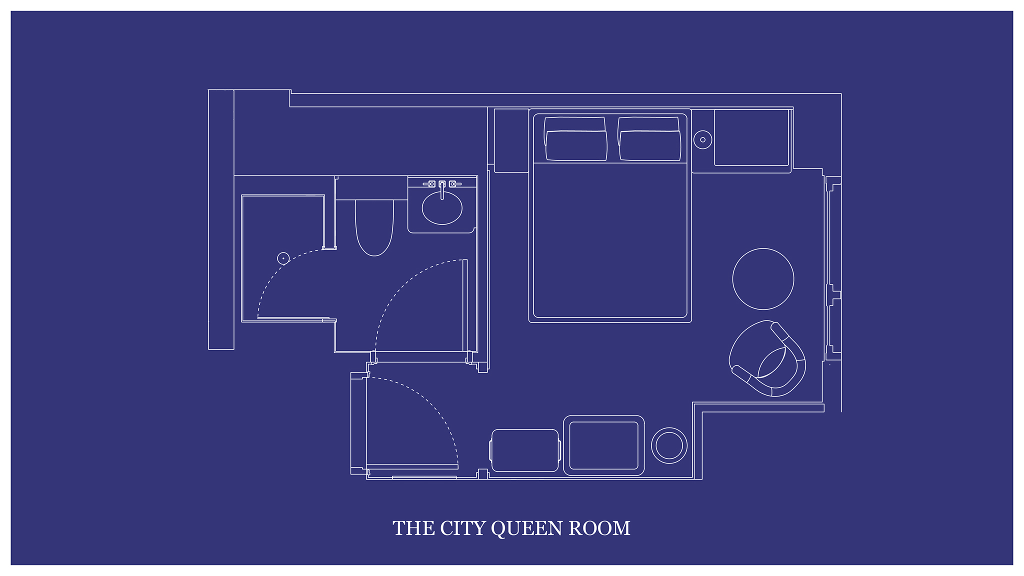 Architectural layout map of "THE CITY QUEEN ROOM" presented in blueprints.