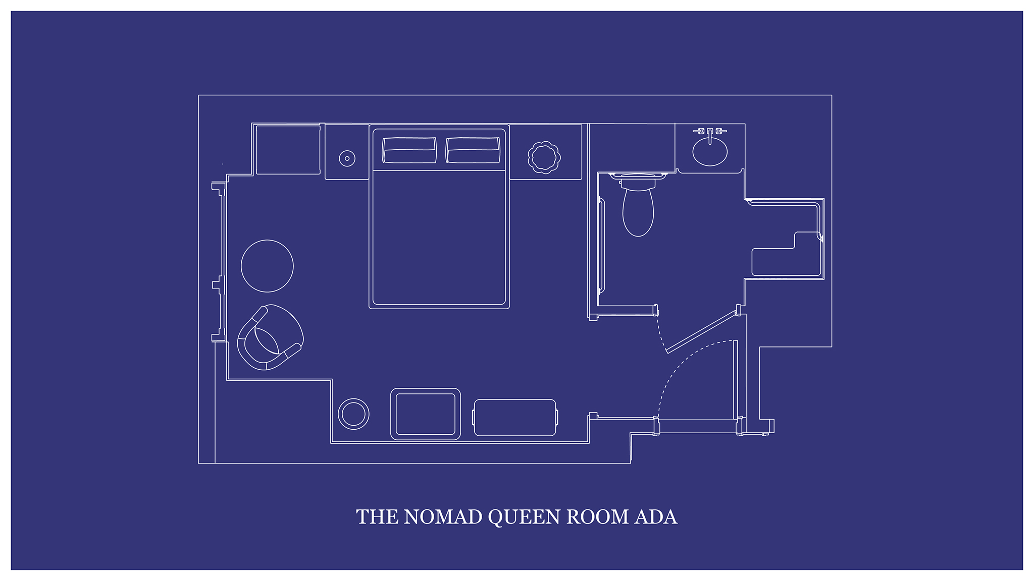 Architectural layout map of "THE NOMAD QUEEN ROOM ADA" presented in blueprints.