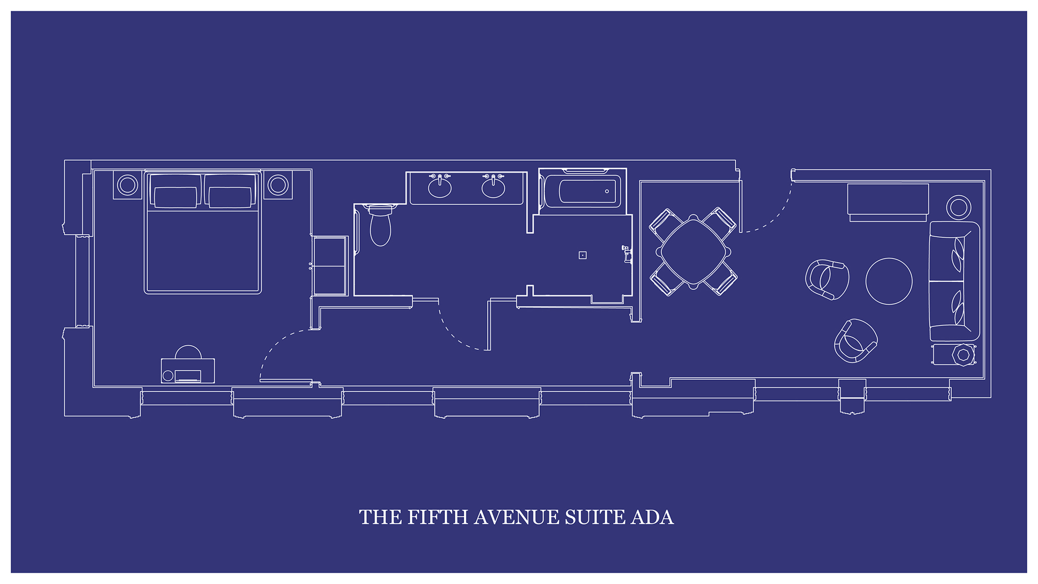 Blueprint map of "THE FIFTH AVENUE SUITE ADA" rendered in intricate detail and design.