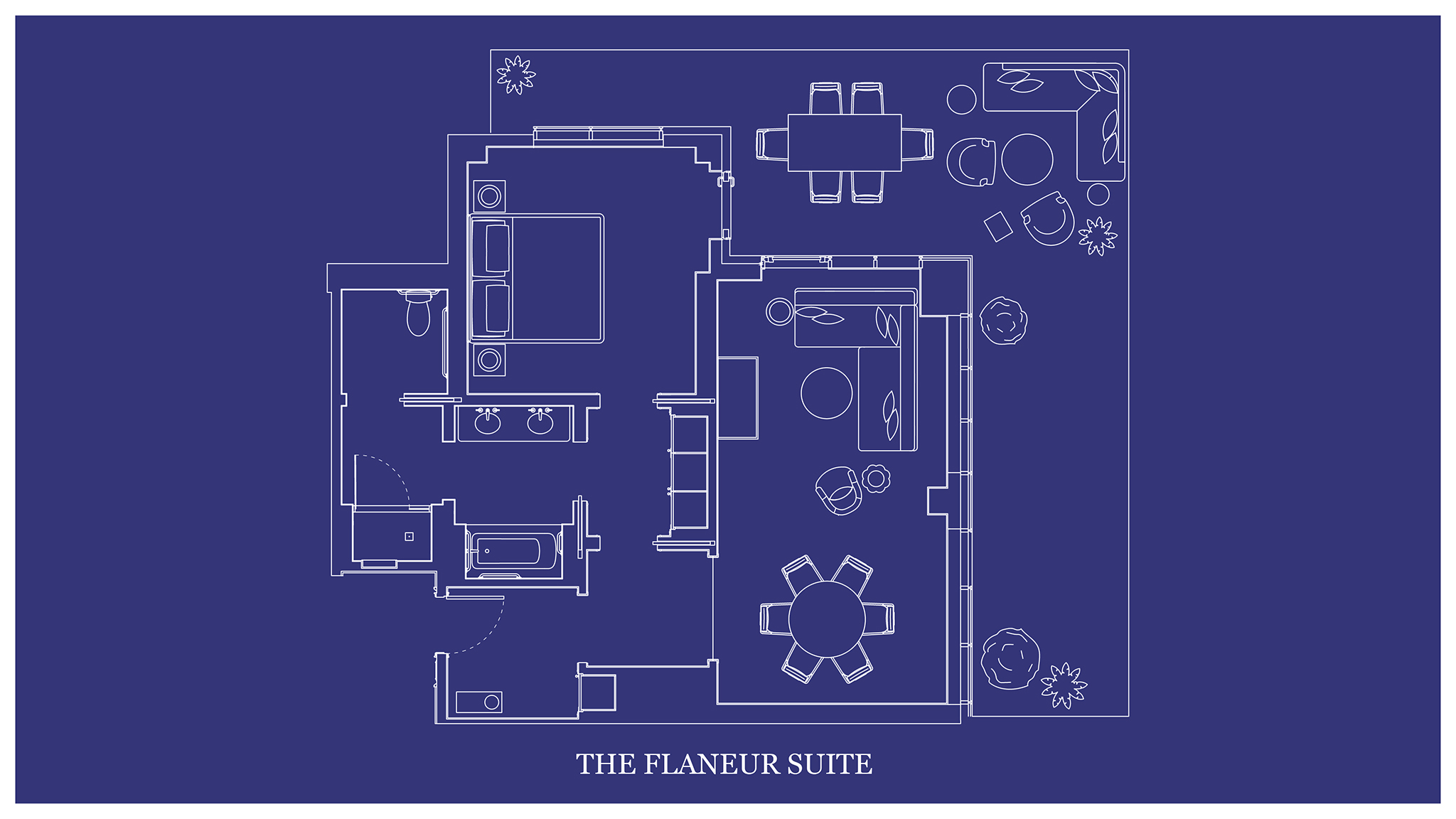 Blueprint map of "THE FLANEUR SUITE" rendered in intricate detail and design.