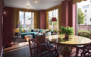 Elegantly organized living area, sofa by the window, dining table near the entrance for convenience.