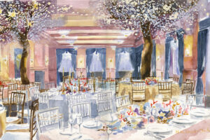 Gorgeous painting showcases the lavishly decorated dining hall for a festive celebration.