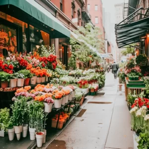 A street flower shop is filled with small flower plants available for sale.