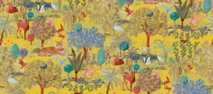 Vibrant nature-inspired wallpaper featuring an array of animals including a tiger, deer, flamingos, and various birds.