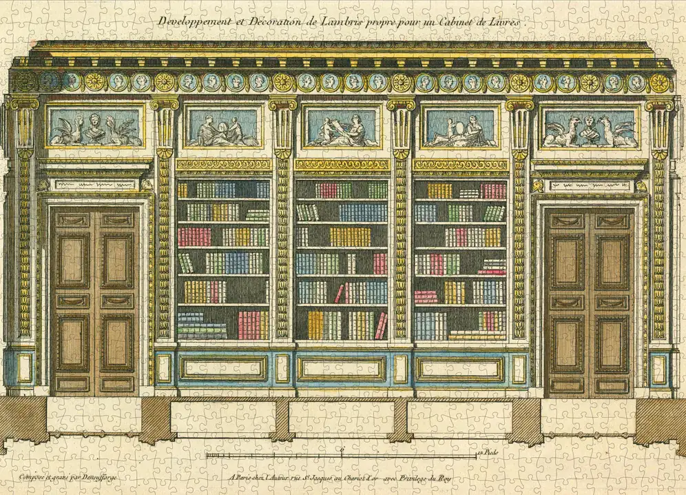 Ornate neoclassical library wall with bookcases, mythological panels, and decorative moldings, puzzle format.