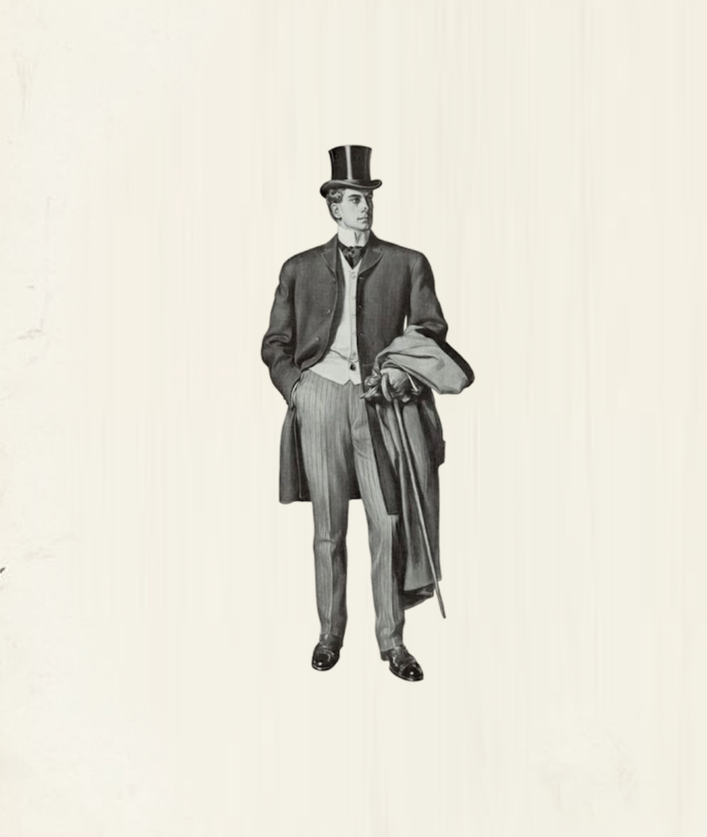 Person in late 19th-century formal attire with top hat, long coat and umbrella, showcasing historical fashion elegance.