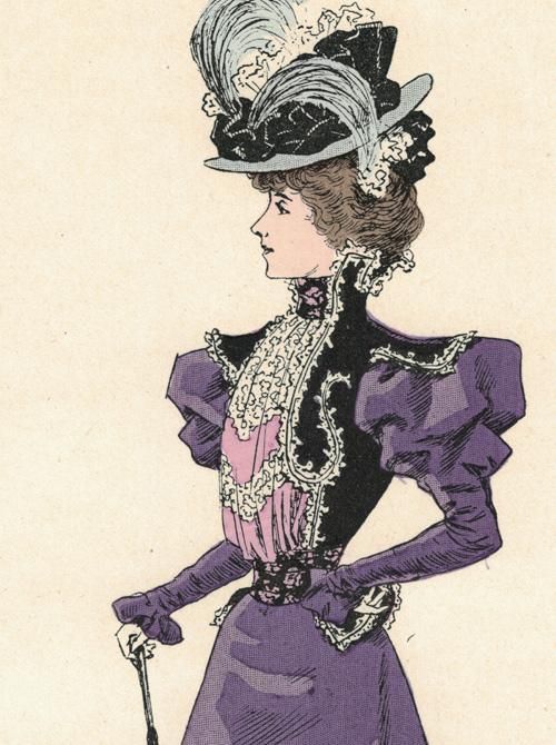 Vintage illustration of person in ornate purple Victorian dress with feathered hat, holding cane against a neutral backdrop.