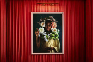Framed portrait with golden garment and floral crown, illuminated against red curtains in a dramatic, artful hotel setting.
