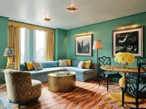Colorful living room with teal walls, patterned rug, L-shaped sofa, and star-shaped ceiling lights