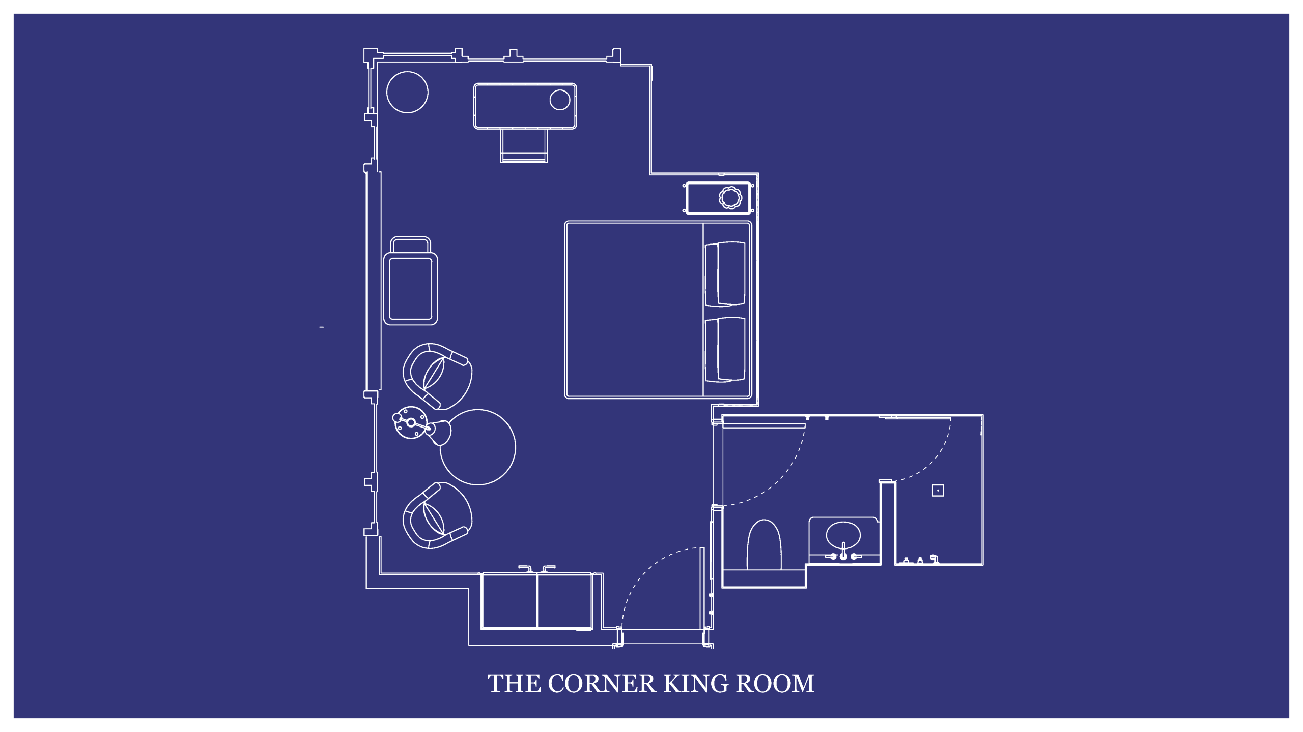 Blueprint-style floor plan of 'The Corner King Room' showing layout: entry, bed, seating area, bathroom, and storage on a dark blue background